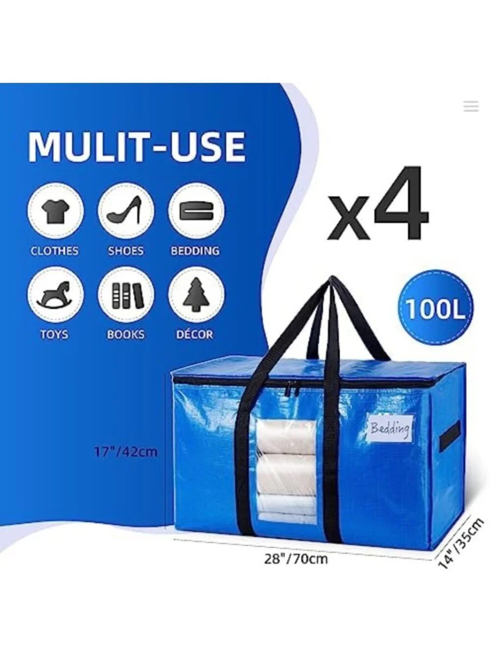 Extra Large Blue Moving Bags - 4 Pack Storage Bags with Clear Window for Easy